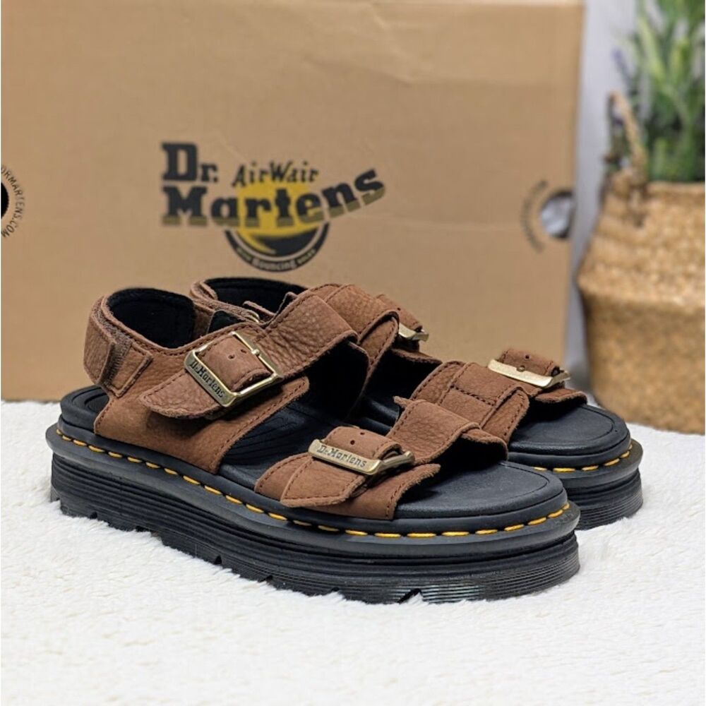 Dr. Martens Sepia Brown Zebzag Nubuck Leather Platform Sandals UK 6 NIB